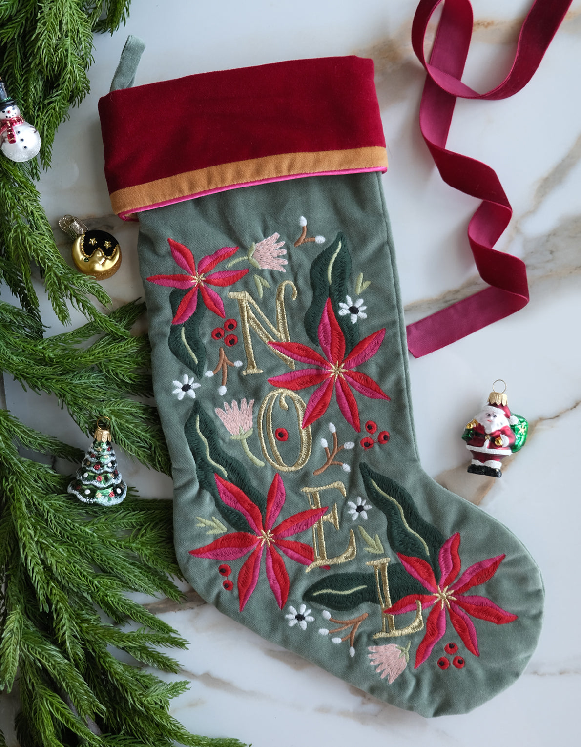 Noel Poinsettia Velvet Holiday Stocking